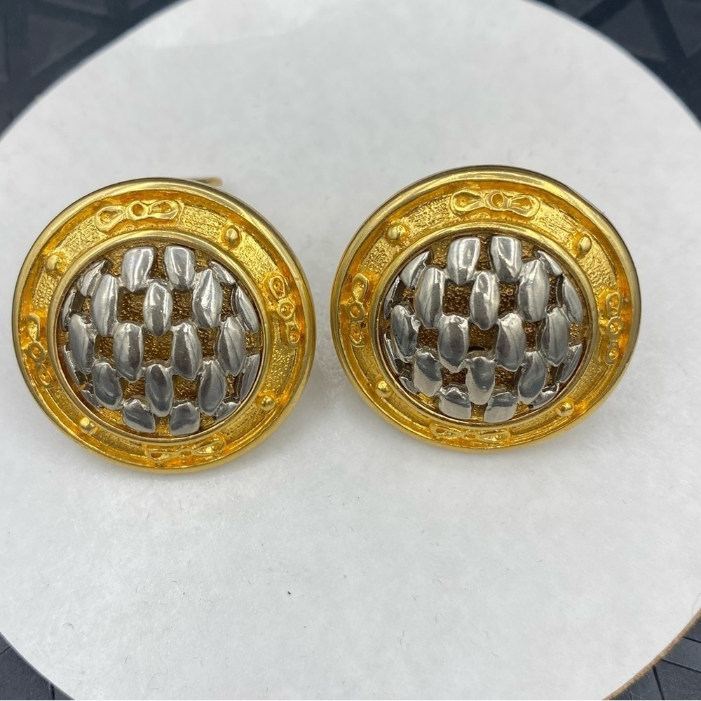 Omega Clip Designer style vintage braided gold and silver earrings